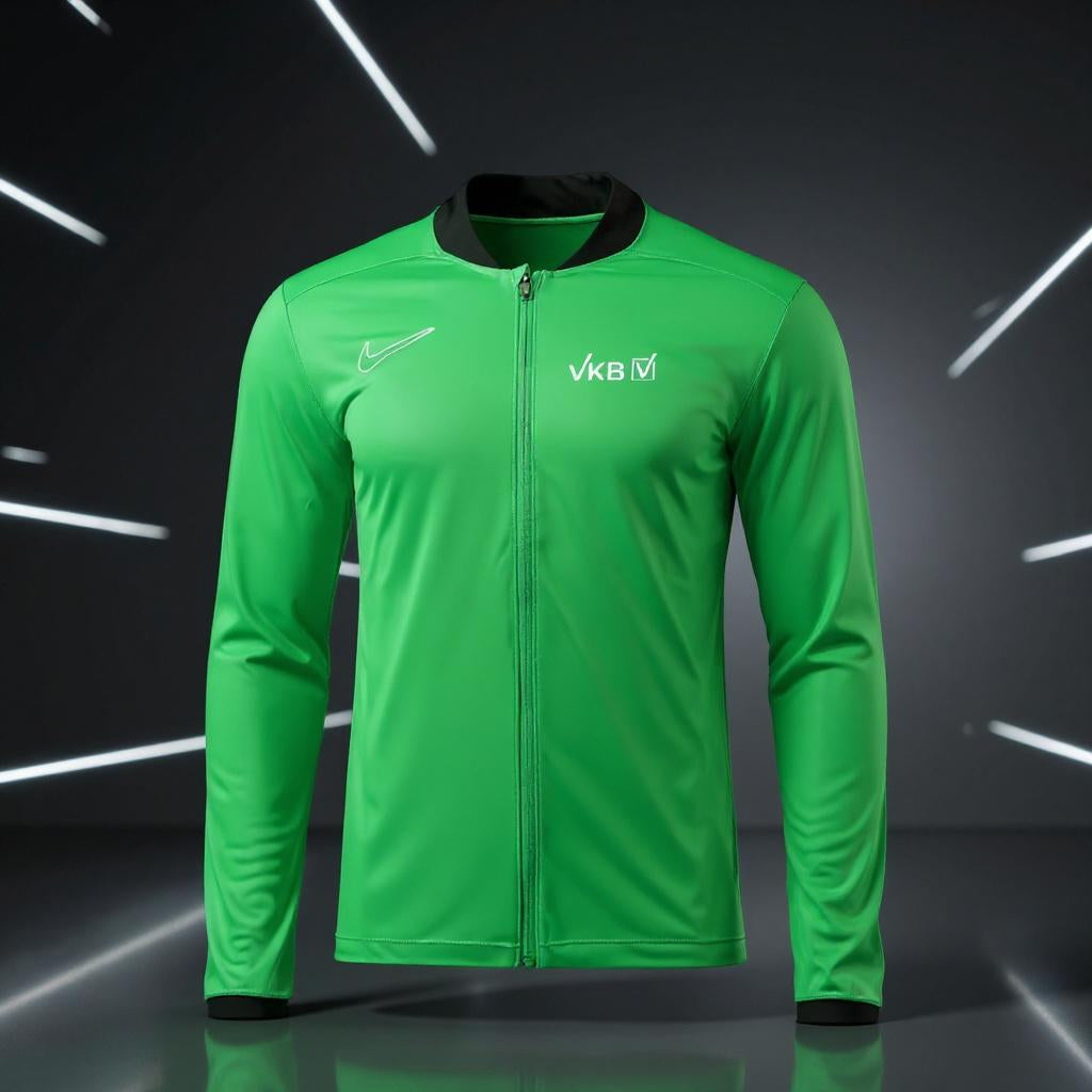 Grüne Nike Dri-FIT Trainingsjacke mit schwarzem Kragen, weißem Nike-Logo und VKB-Logo vor dunklem Studiohintergrund mit leuchtenden Linien.