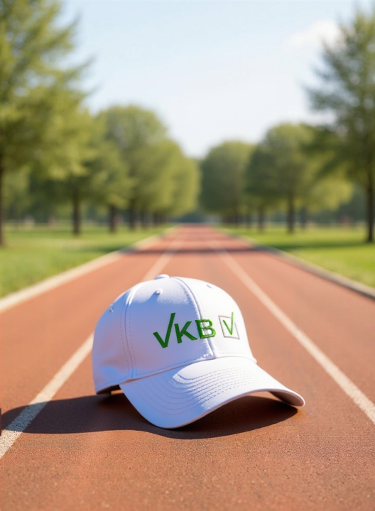 Weisse VKB-Cap auf Laufbahn mit grünem VKB-Logo – sportlich, modern, hochwertig