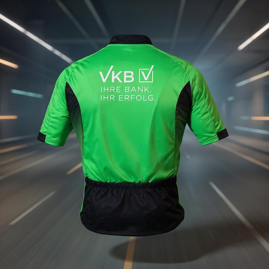 Grünes VKB-Radtrikot mit schwarzem Verlauf und weißen Logos, frontal dargestellt vor modernem Hintergrund mit leuchtenden Linien.