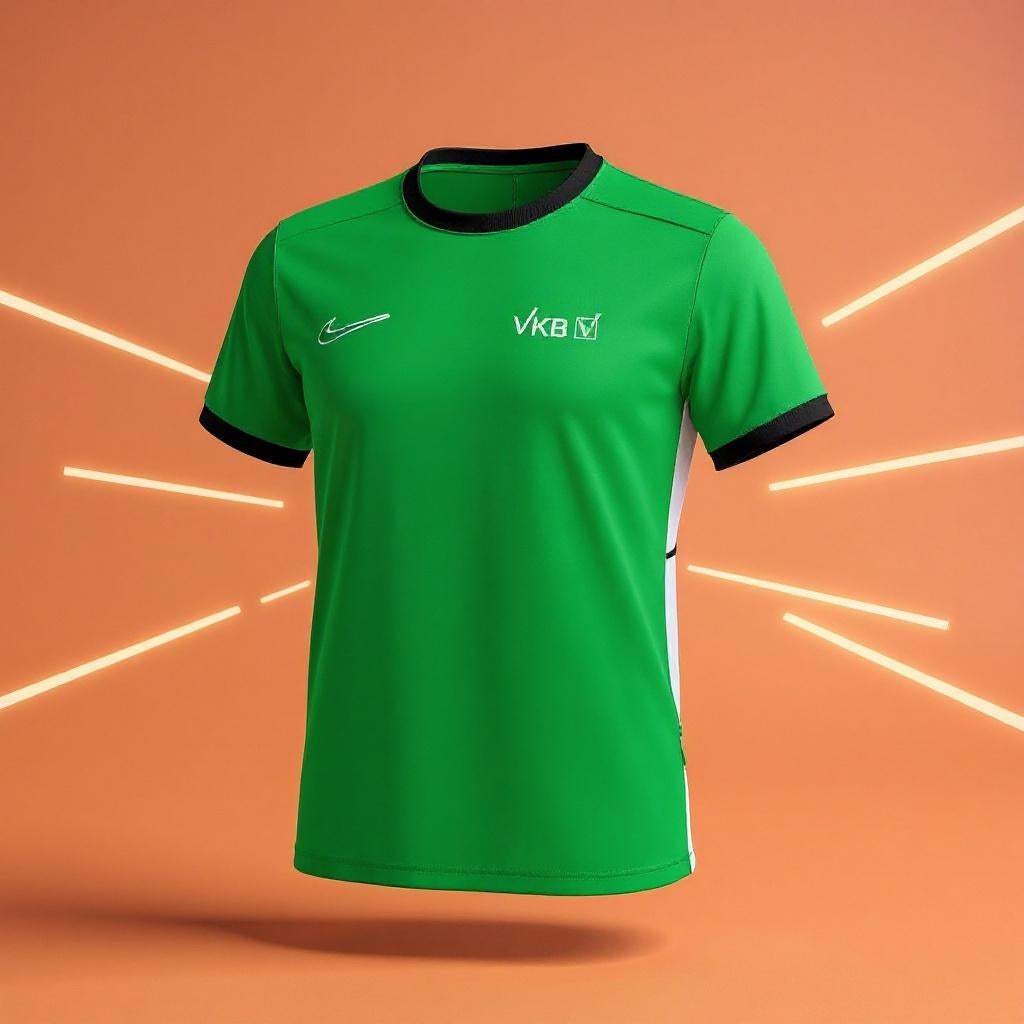 Grünes Nike Dri-FIT Damen-Kurzarm-Trikot mit schwarzen Details und VKB-Logo vor hellem, sportlichem Studiohintergrund mit leuchtenden Linien.