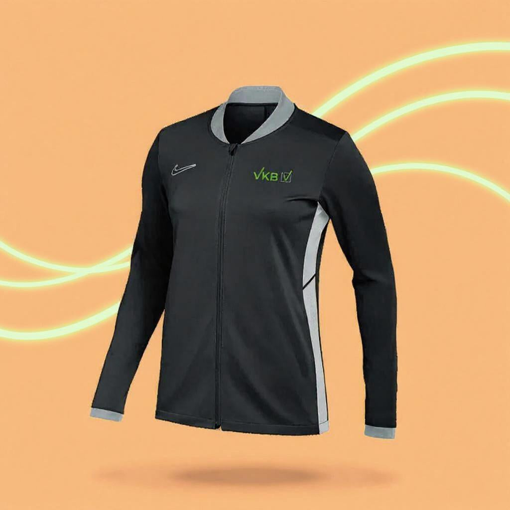 Schwarze Nike Dri-FIT Damen-Trainingsjacke mit grauen Details und VKB-Logo vor gelbem Studiohintergrund mit leuchtenden Linien.