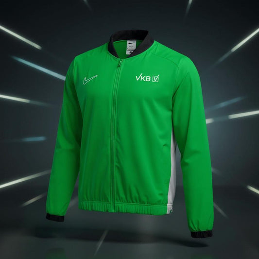 „Nike Academy 25 Dri-FIT Woven Track Jacke in Grün mit schwarzem Kragen und VKB-Logo auf der Brust, durchgehender Reißverschluss und seitliche Einsätze.“