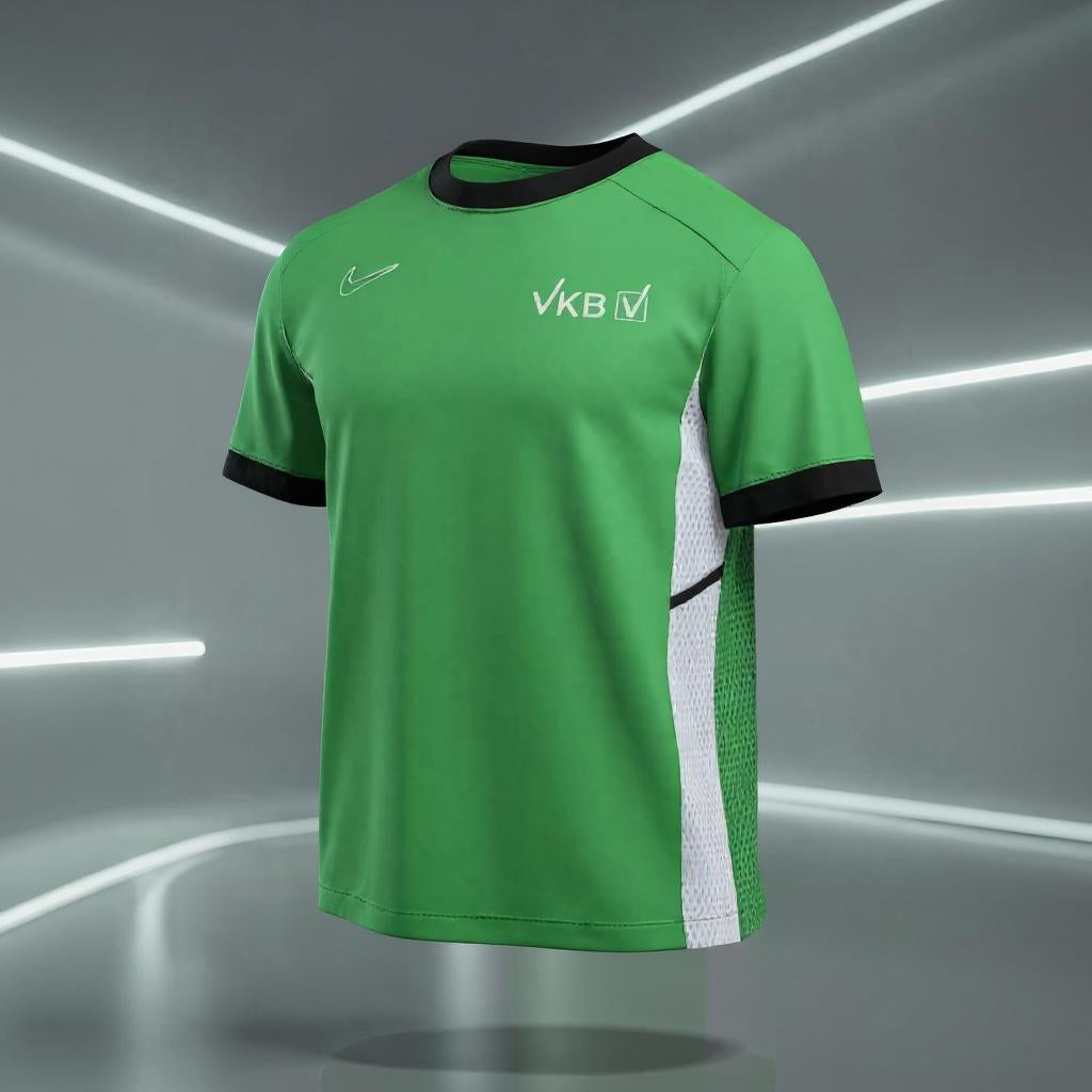 Grünes Nike Dri-FIT Kurzarm-Trikot mit VKB-Logo, schwarzem Kragen und weißen Mesh-Seiteneinsätzen vor sportlichem Studiohintergrund mit leuchtenden Linien.