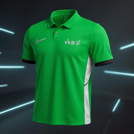 Grünes Nike Dri-FIT Poloshirt mit schwarzen Details und weißem VKB-Logo vor dunklem Studiohintergrund mit leuchtenden Linien.