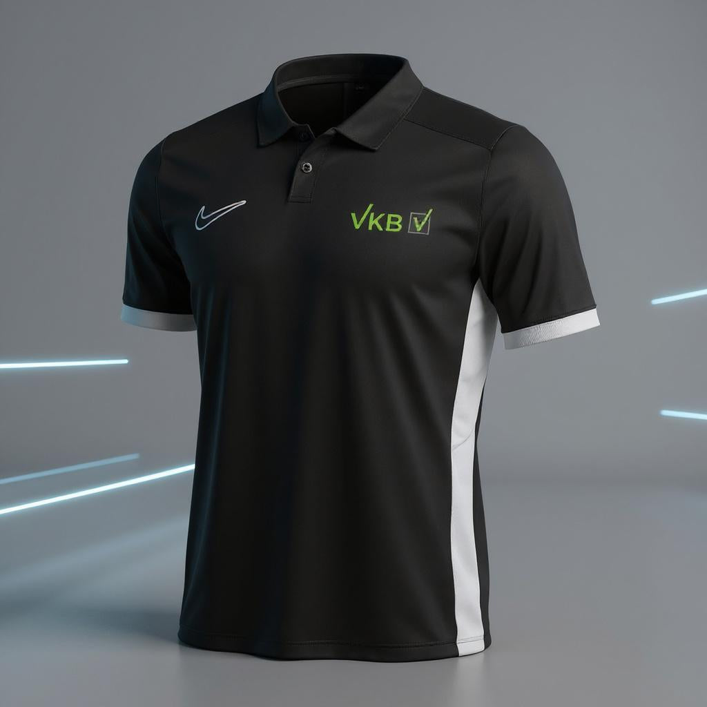 Schwarzes Nike Dri-FIT Poloshirt mit grauen Details und grünem VKB-Logo vor hellgrauem Studiohintergrund mit blauen Lichteffekten.