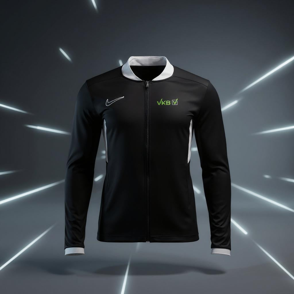 Schwarze Nike Dri-FIT Trainingsjacke mit weißem Kragen, weißen Seiteneinsätzen und grünem VKB-Logo vor dunklem Studiohintergrund mit strahlenförmigen Linien.