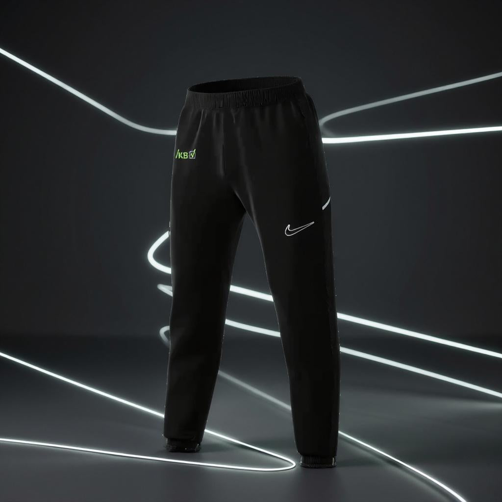 Schwarze Nike Dri-FIT Academy Woven Soccer Track Pants mit weißem Swoosh-Logo und grünem VKB-Logo vor dunklem Hintergrund mit leuchtenden Linien.