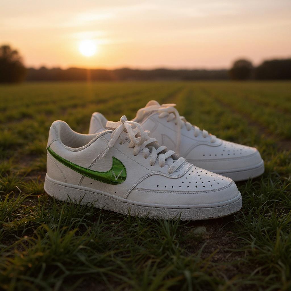 Weiße Nike Sneaker mit grünem VKB-Logo, platziert auf einem Feld bei Sonnenuntergang, sportlich und modern inszeniert.