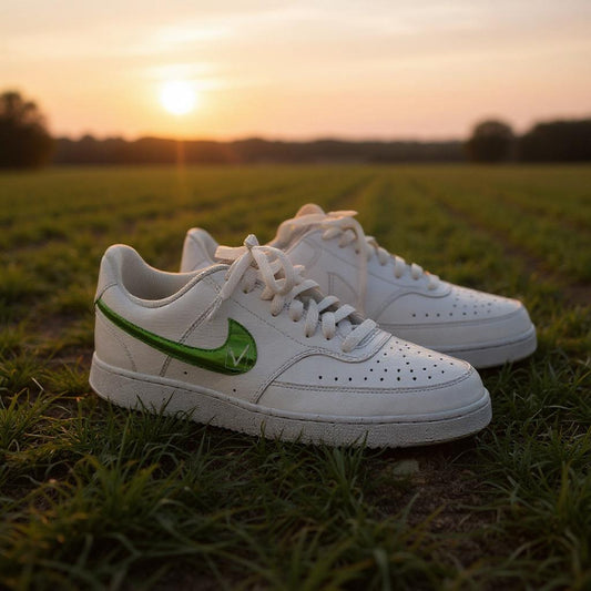 Weiße Nike Sneaker mit grünem VKB-Logo, platziert auf einem Feld bei Sonnenuntergang, sportlich und modern inszeniert.