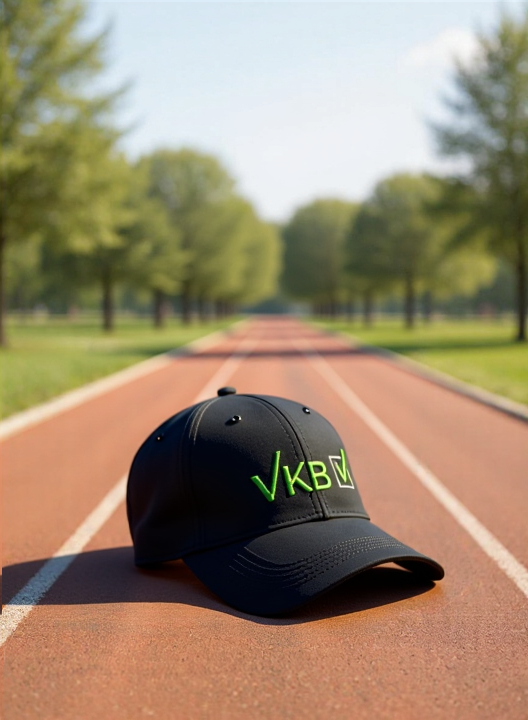 Schwarze VKB-Cap mit leuchtend grünem Logo – platziert auf Laufbahn, dynamischer Look.