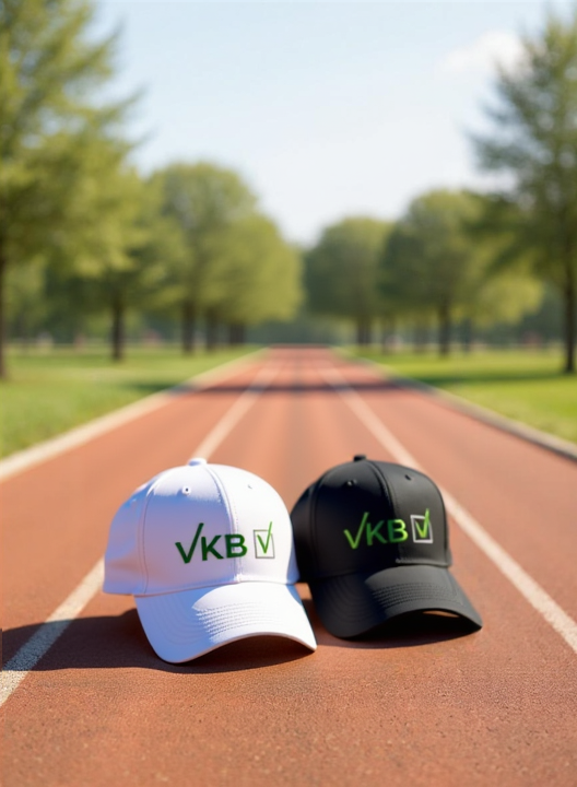 Weisse und schwarze VKB-Caps nebeneinander auf Laufbahn – modernes, sportliches Marken-Duo.