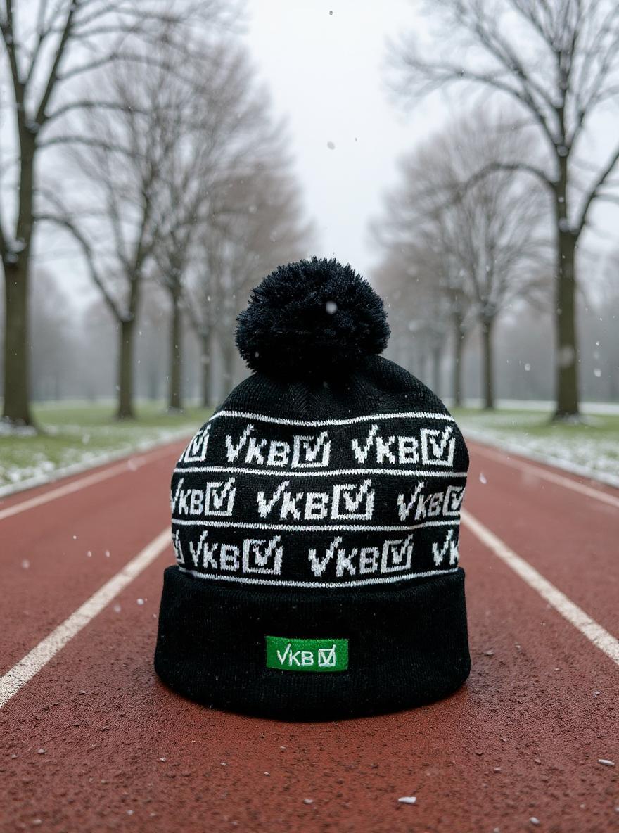 VKB-Winterhaube mit Pompon auf roter Laufbahn, im Hintergrund schneebedeckte Parklandschaft