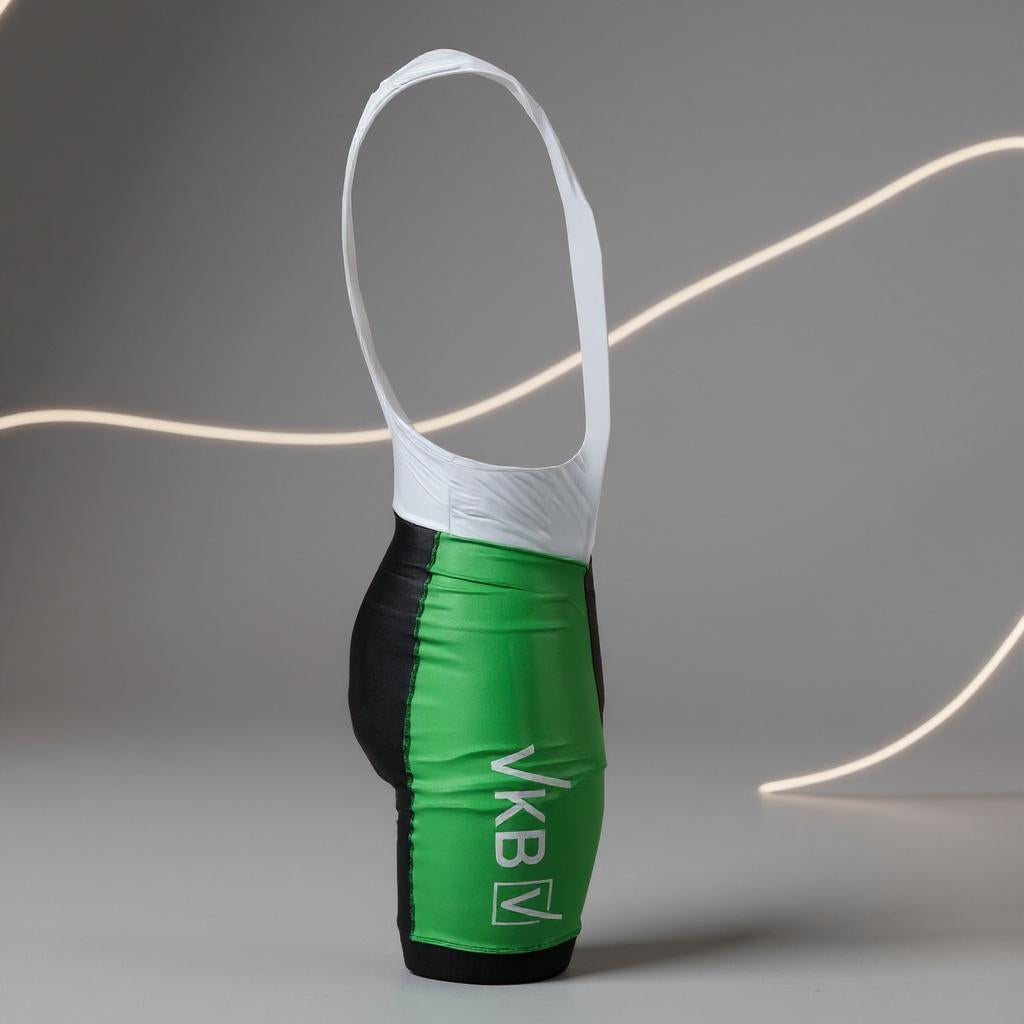 Grüne VKB-Radhose mit schwarzer Rückseite und weißen Trägern, seitlich dargestellt auf neutralem Studiohintergrund mit dynamischen Lichtlinien.