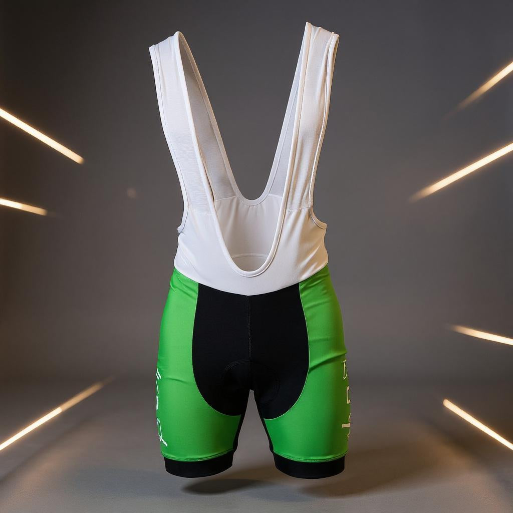 Grüne VKB-Radhose mit schwarzem Sitzpolster und weißen Trägern, frontal auf einem neutralen Studiohintergrund mit dynamischen Lichtlinien dargestellt.