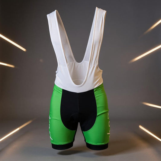 Grüne VKB-Radhose mit schwarzem Sitzpolster und weißen Trägern, frontal auf einem neutralen Studiohintergrund mit dynamischen Lichtlinien dargestellt.