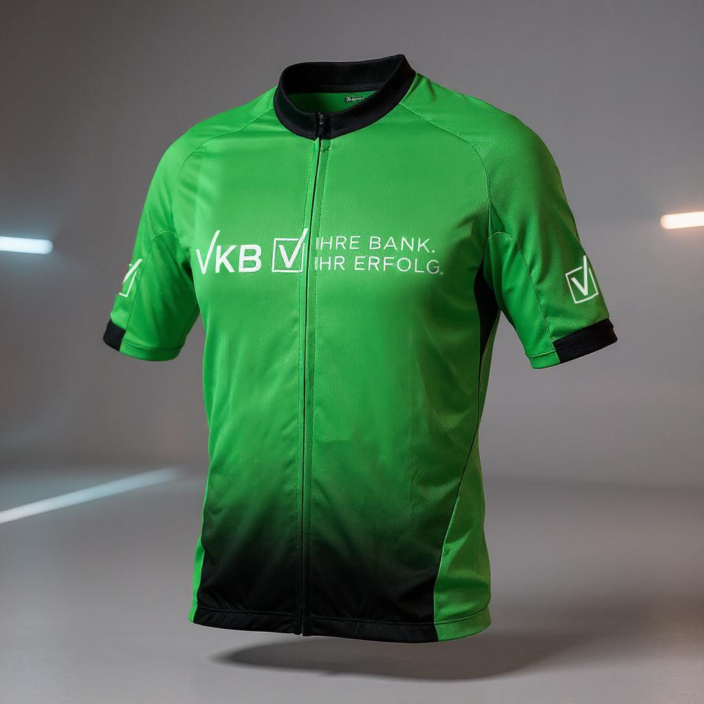 Grünes VKB-Radtrikot mit schwarzem Verlauf und weißen Logos, frontal dargestellt vor modernem Hintergrund mit leuchtenden Linien.