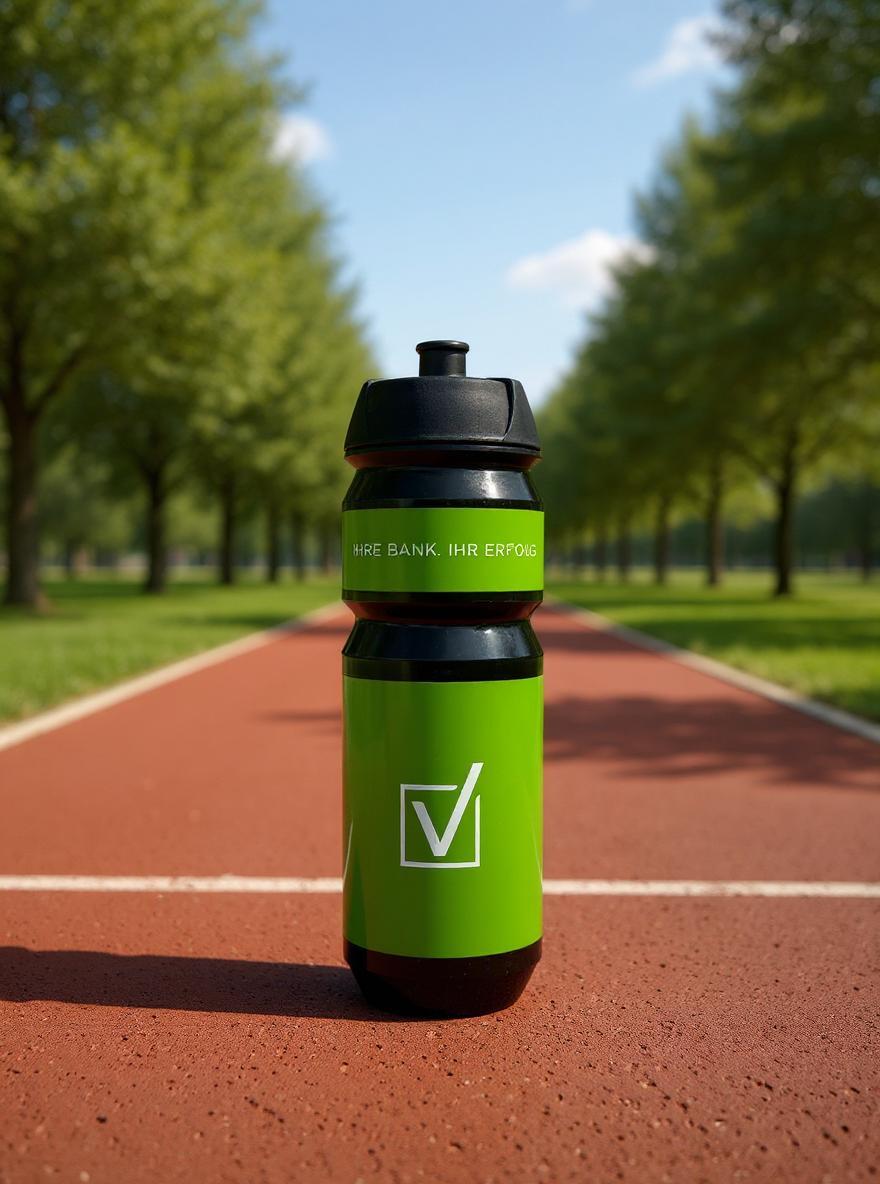 Rückansicht der grünen VKB-Trinkflasche mit Slogan „IHRE BANK. IHR ERFOLG.“ auf Laufbahn im Sommerpark