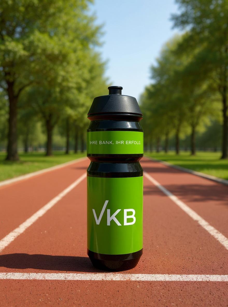Frontalansicht der grünen VKB-Trinkflasche mit weißem Logo auf roter Laufbahn im Grünen